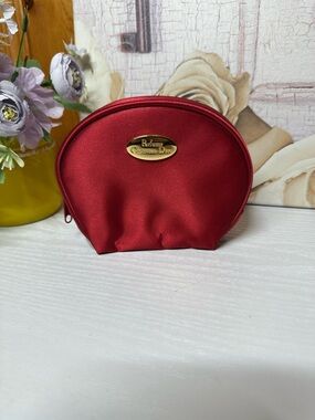 Dior Satin Red Cosmetic Pouch with Gold Logo Plaque